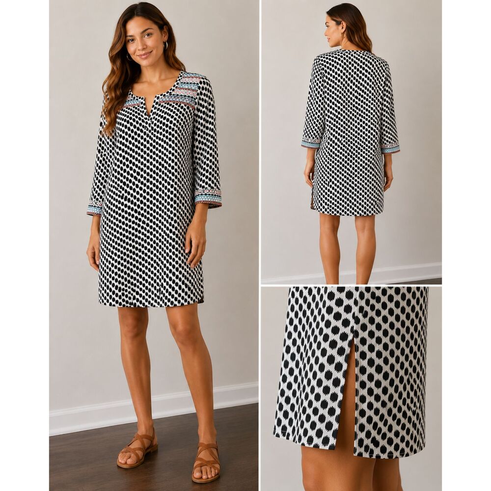 Old Navy Boho Dress Small Black White Polka Dot Embroidered 3/4 Sleeve